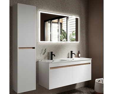 Мебель для ванной SANCOS Smart 120 с двойной раковиной подвесная, 4 ящика, белая глянцевая