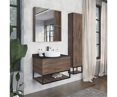 Мебель для ванной COMFORTY Порто-75 дуб тёмно-коричневый с черной столешницей 