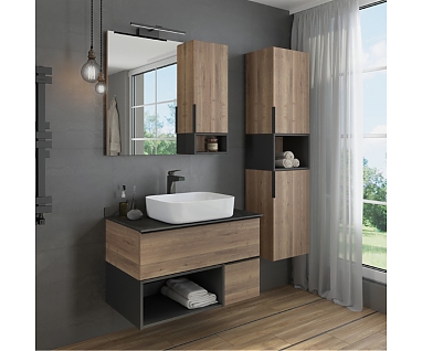 Мебель для ванной COMFORTY Штутгарт-90 дуб тёмно-коричневый с черной столешницей 