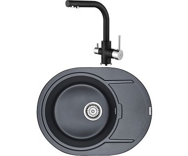 Комплект  Мойка кухонная Paulmark Oval PM316550-BLM черный металлик + Смеситель Paulmark Essen Es213011-418 для кухонной мойки, черный металлик
