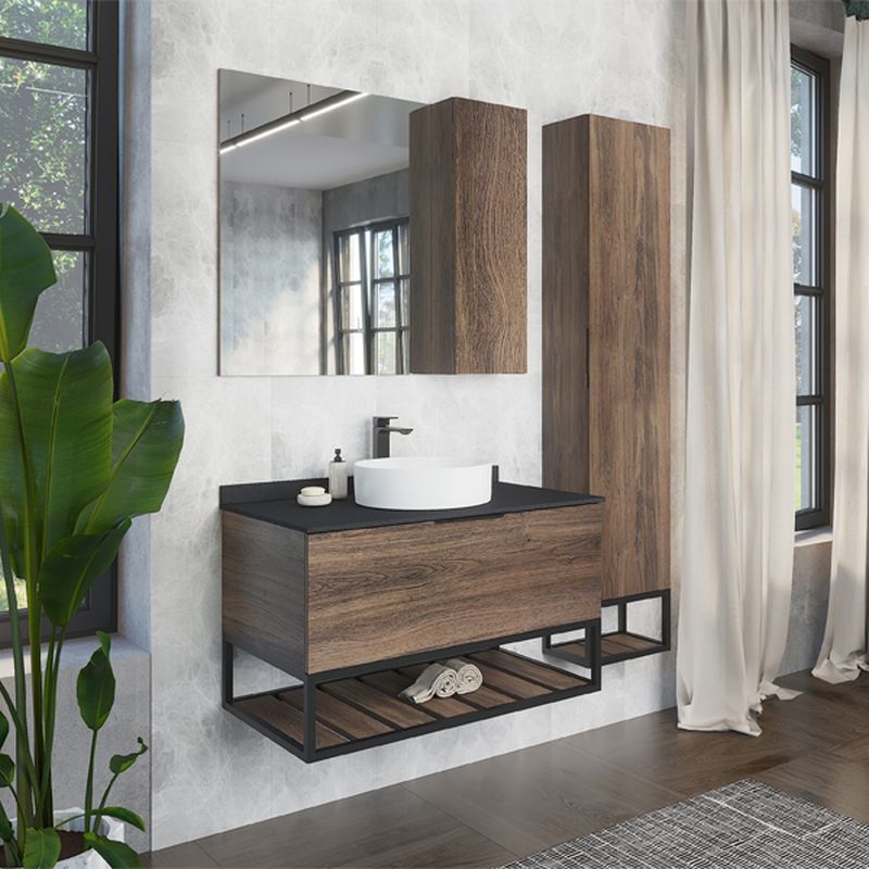 Мебель для ванной COMFORTY Порто-90 дуб тёмно-коричневый с черной столешницей 