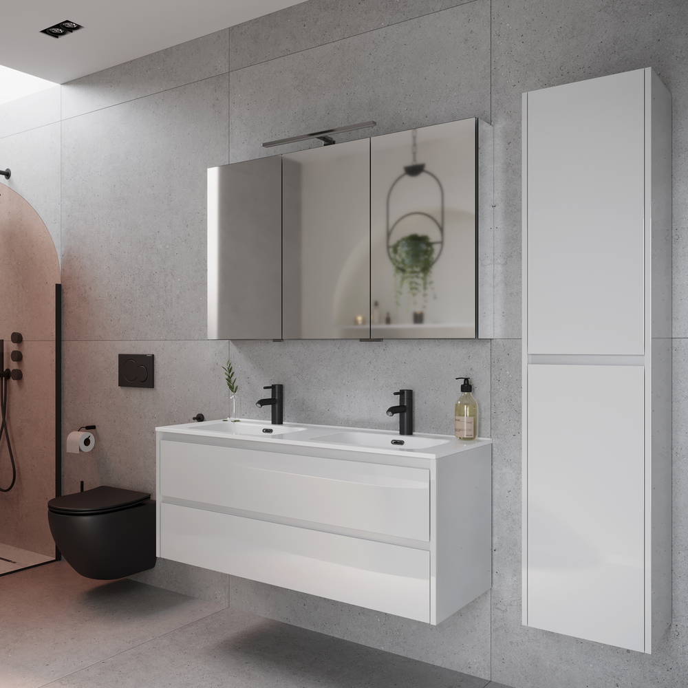 Мебель для ванной SANCOS Libra 120 с двойной раковиной подвесная, 2 ящика, белая глянцевая