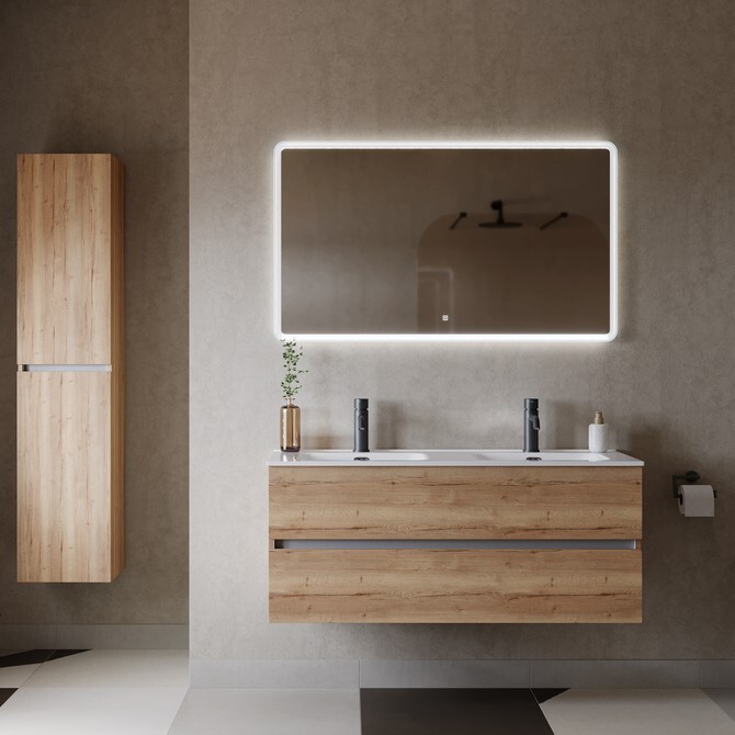 Мебель для ванной SANCOS Urban 120 с двойной раковиной подвесная, 2 ящика, дуб галифакс натуральный